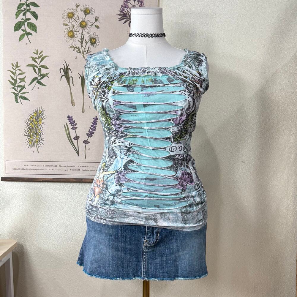 Vintage 90s Y2k Floral Cupid Angel Love Graphic Tee Top Fairy Grunge Thrashed S